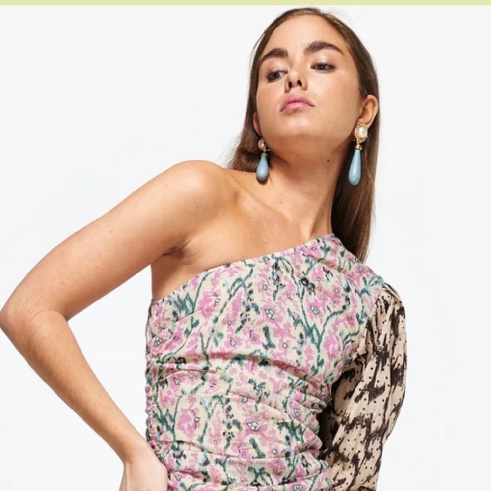 MARIA CHER VILLAFRANCA LIA ONE SHOULDER METALLIC THREAD SMOCKED COTTON TOP M